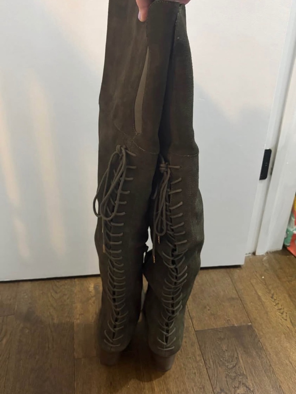 Over-the-Knee Lace-Up Suede Boots - Olive Green